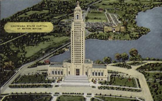 The Louisiana State Capitol (circa 1939) with Capitol Lake and Our Lady of the Lake Hospital in the distance